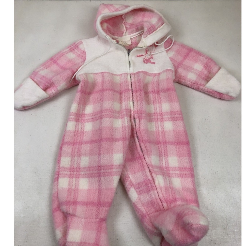Vtg 70s  Baby Pink Plaid Bunny Fleece Snow Snowsuit 9 Months Girlycore‎ Classic